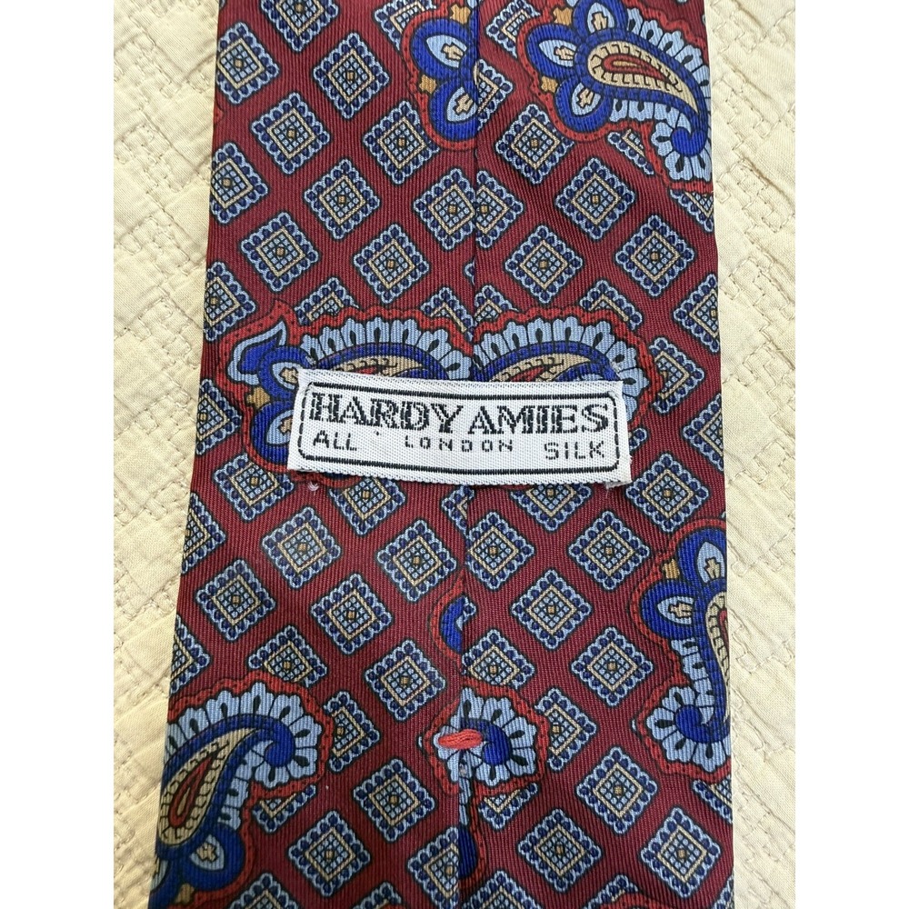 Hardy Aimes Silk Tie Print 1980s Geometric Paisley | Red Blue | 56"L 3.75"W‎
